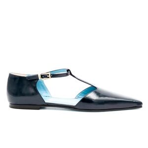 Rangoni Grandine T‑Strap Flat in Black with Light Blue Lining